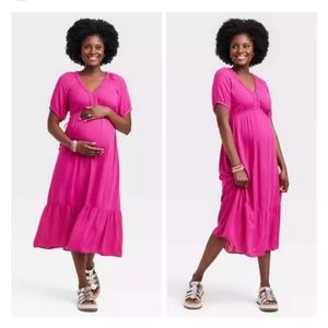 Elbow Sleeve Cinch Waist Maternity Maxi Dress, Summer Dress Hot Pink